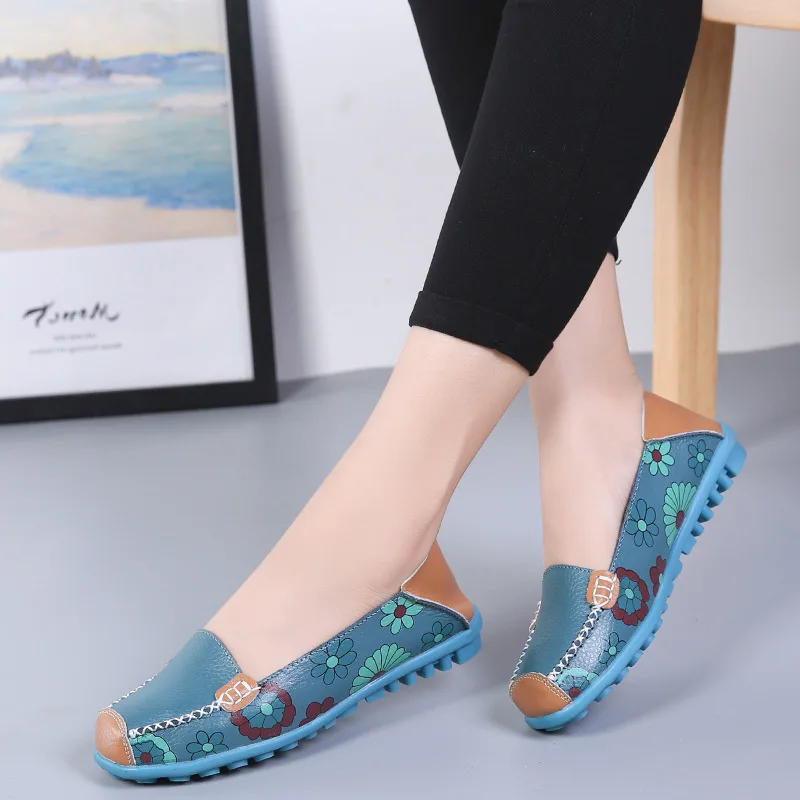 2021 New Two-layer Real Cowhide Printed Women's Single Shoes Flat Casual Women's Shoes Mother's Shoes Comfortable Casual Shoes