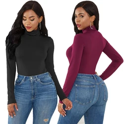 Cheap Black Purple Blue Red Bodysuit Long Sleeve Top Female Lingerie Women's Clothing Autumn Winter Pullover Turtleneck Sweater