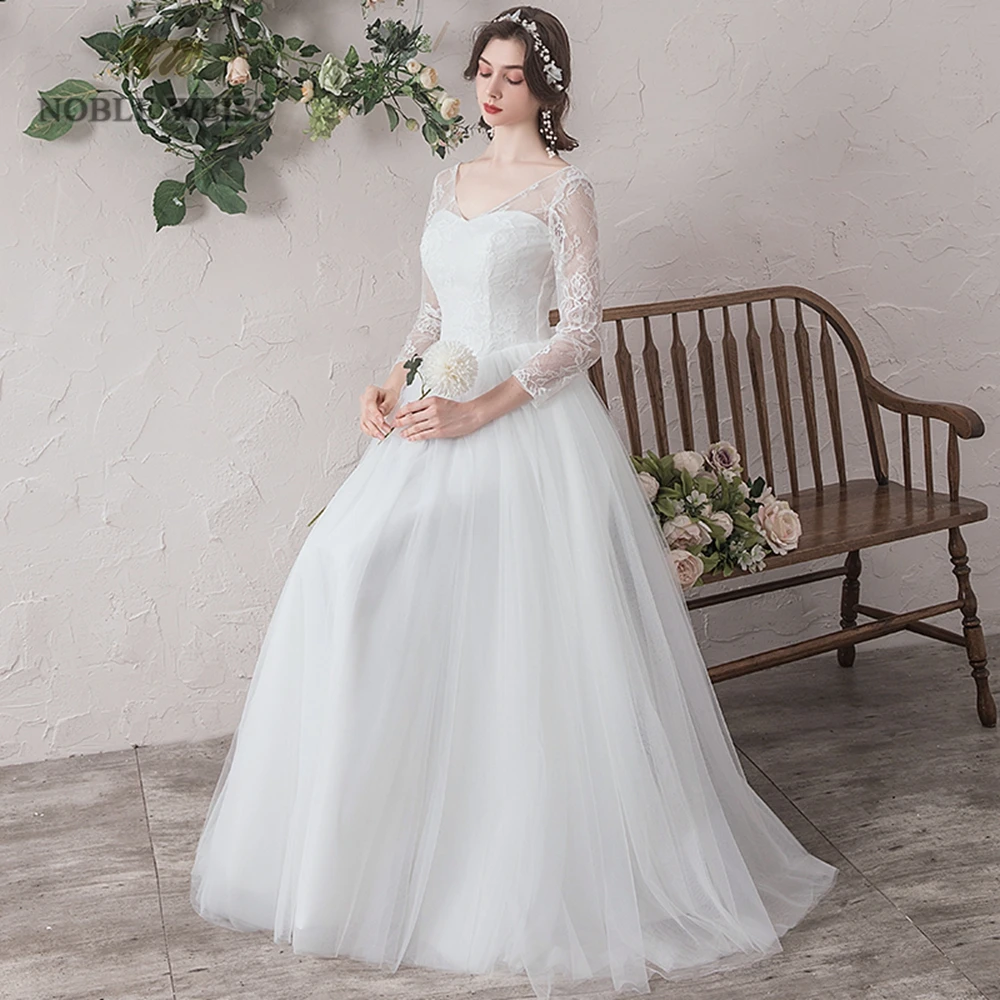 Wedding Dresses  V-neck  Lace  A-Line  Tulle Wedding Dress with Sleeves Bridal Dress  Beach Wedding Customized