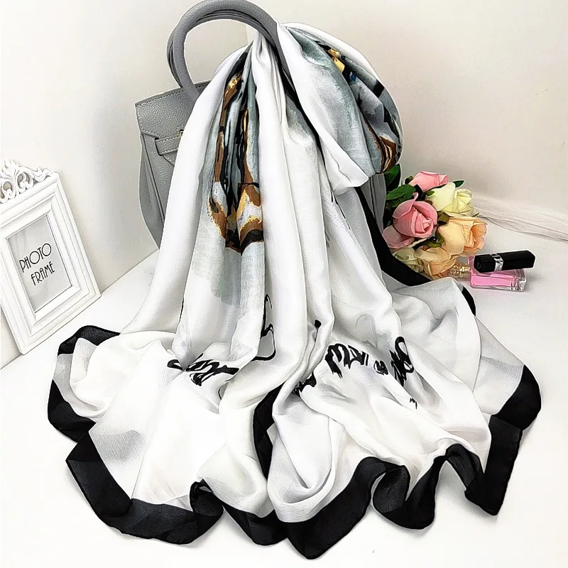 

2021 Summer 180X90CM Scarves Fashion High-Grade Beach Towel Korean Style Letter Print Silk Scarf Luxury Dustproof Bandana Shawl