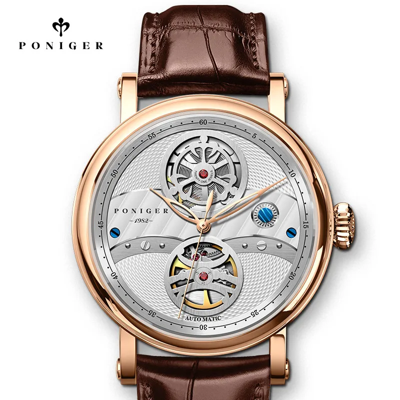 Switzerland Luxury Brand PONIGER Japan Automatic Mechanical Men‘s Watches Sapphire Skeleton Leather 50M Waterproof Clock P817