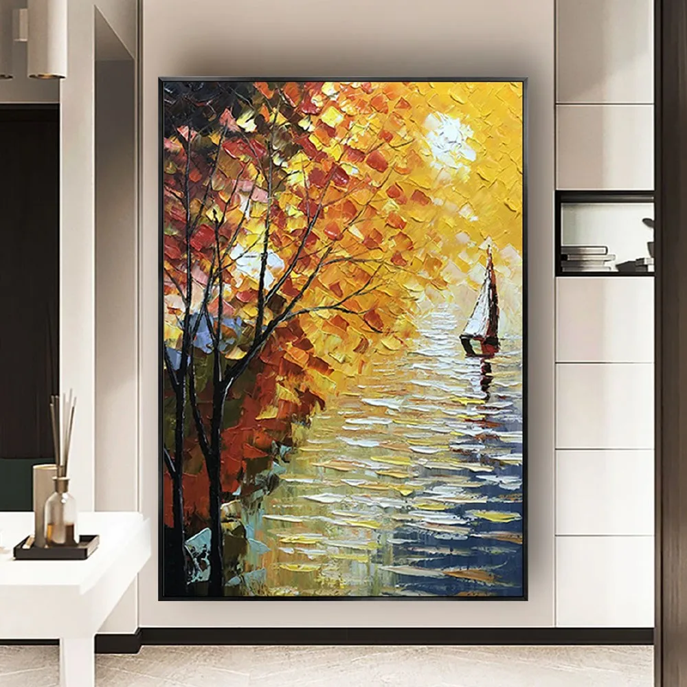 The Latest Design Handmade Art Knife Oil Painting Abstract Seascape Woods Sailing Texture Canvas Wall Pictures Modern Home Decor