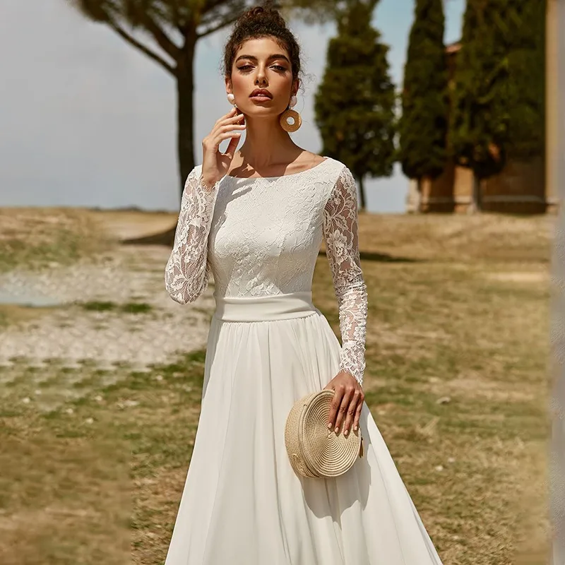 Nowe suknie ślubne Backless Beach 2021 Scoop pełne koronkowe rękawy linia suknia ślubna z kokardą Boho Vestidos De Mariage