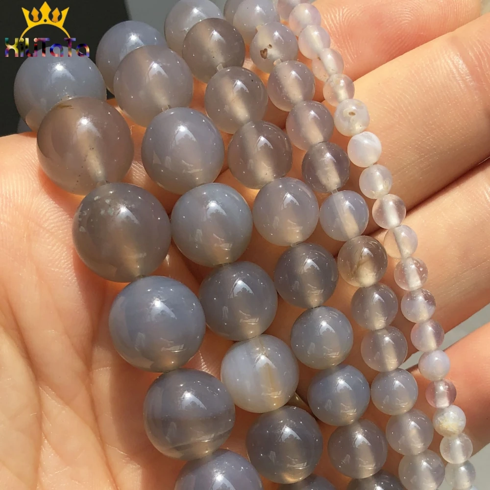 

Natural Stone Smooth Grey Agates Onyx Round Loose Beads For Jewelry DIY Making Bracelet Accessories 15''Inches 4 6 8 10 12mm