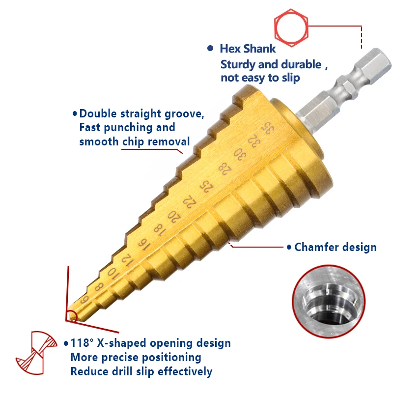 CMCP Step Cone Drill 4-22 6-35mm Step Drill Bit Hex Shank Titanium Coated Cone Drilling Tool HSS Steel Wood Metal Hole Cutter