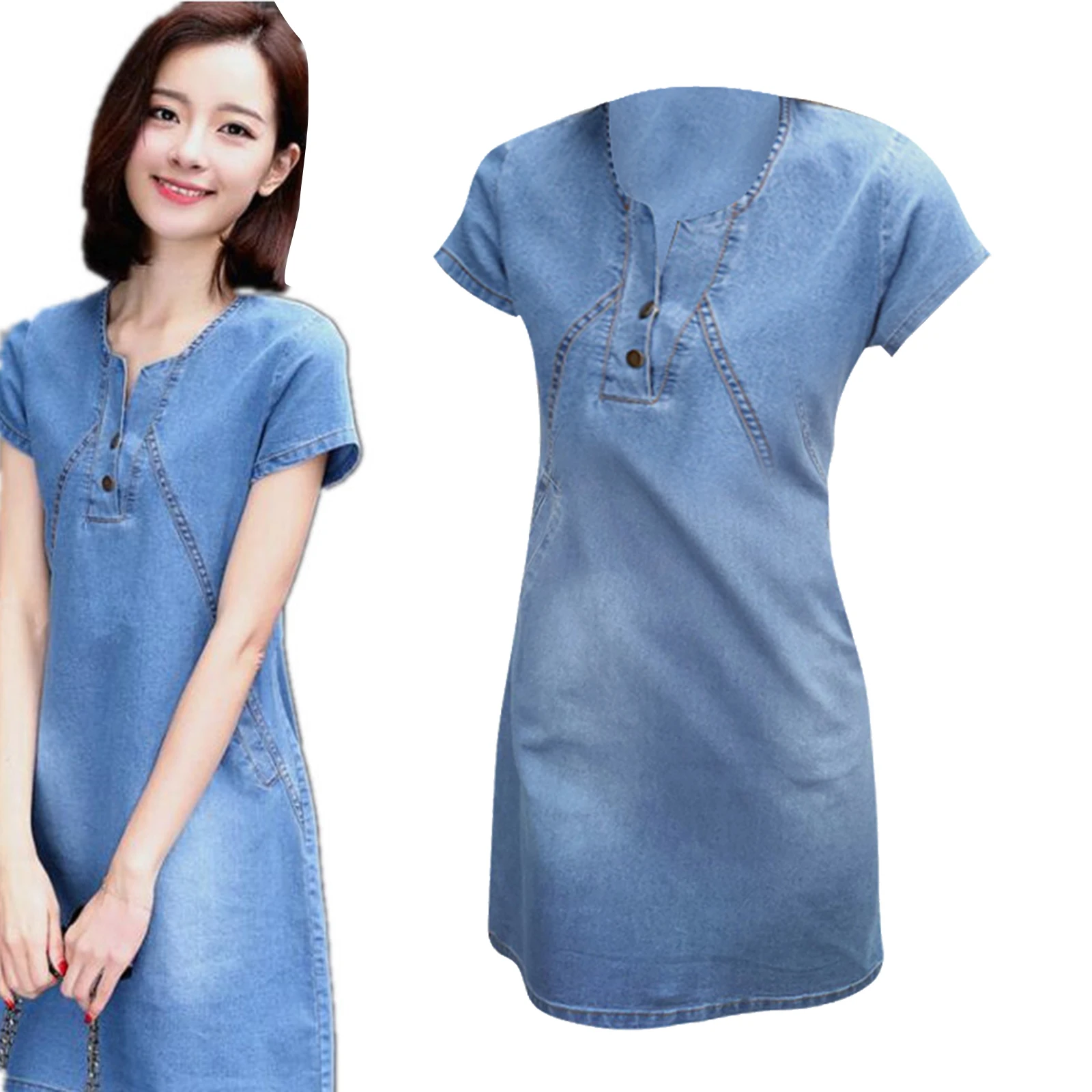 Jeans Dress V-neck Solid Denim Dresses Spring Summer Women Denim Sundresses Short Sleeves Slim Fit Dresses Clothing