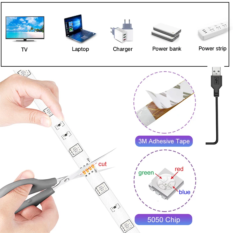 LED Strip Light 5050 USB Flexible Lamp 2M 5M 10M Tape Diode 5V RGB Desk Screen TV Background Lighting Ribbon For Room Waterproof