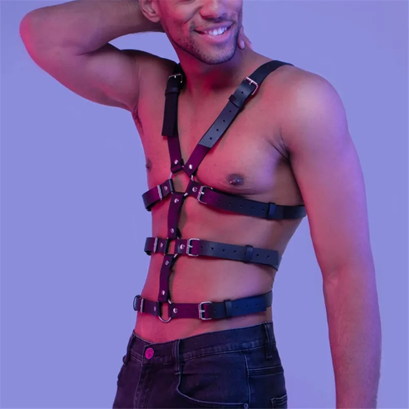 Fetish Gay Leather Chest Harness Belts with Buckle Male Straps Lingerie Punk Rave Gothic Body Bondage Clothes Sexual Man Harness