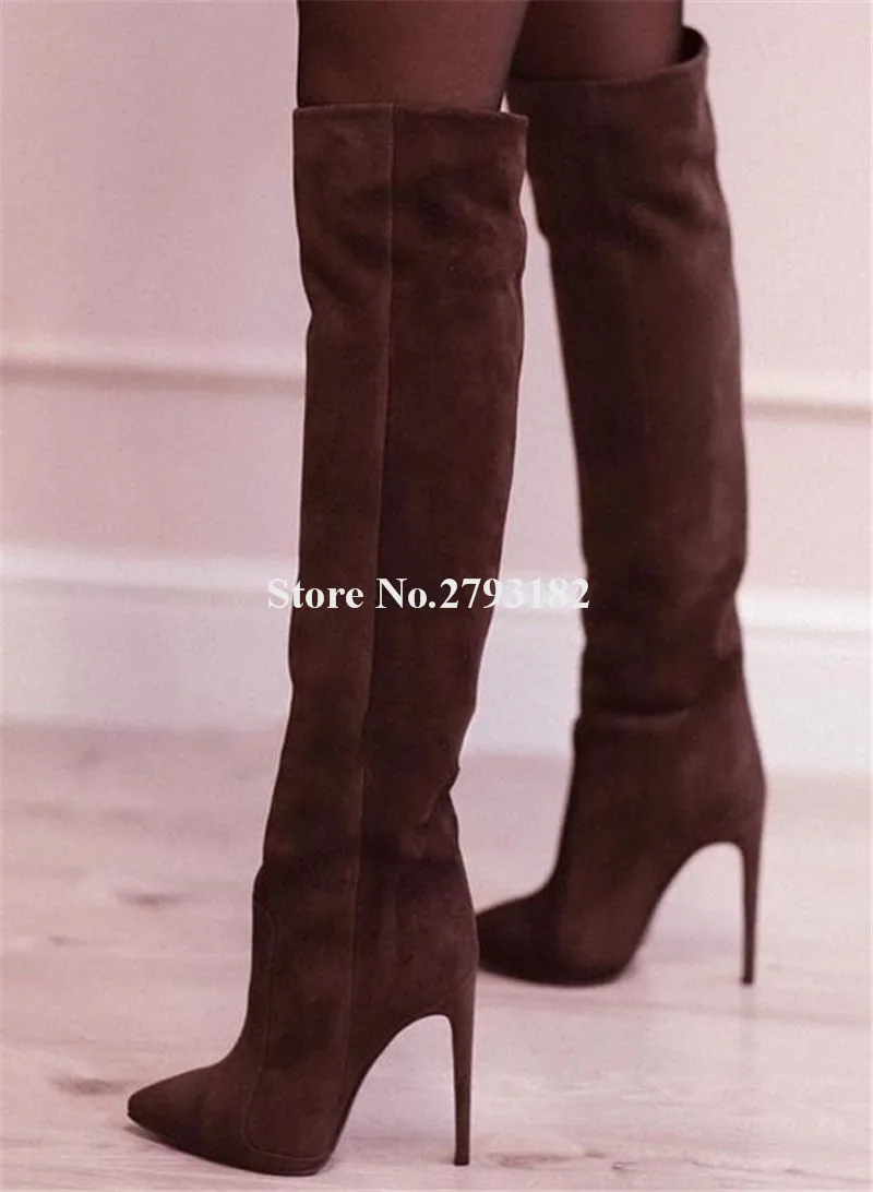 Women Fashion Pointed Toe Stiletto Heel Knee High Boots Slim Style Brown Suede Long High Heel Boots Club Dress Heels Big Size