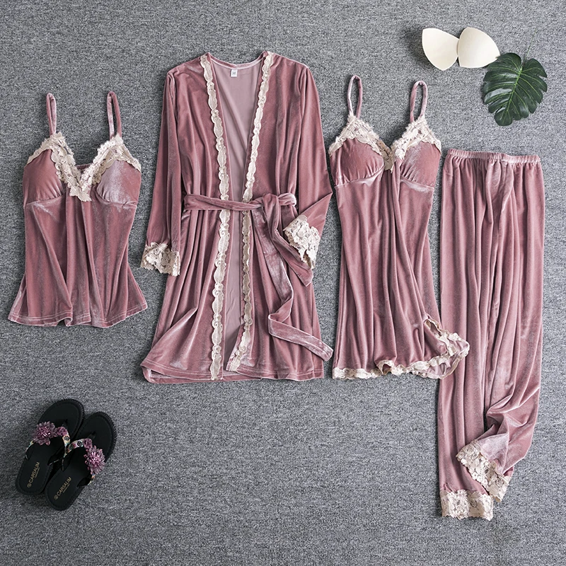 4PCS Pajamas Set Womens Velour Robe Gown Burgundy Autumn Winter Nightgown Kimono Sleepwear Velvet Home Clothing Nightwear