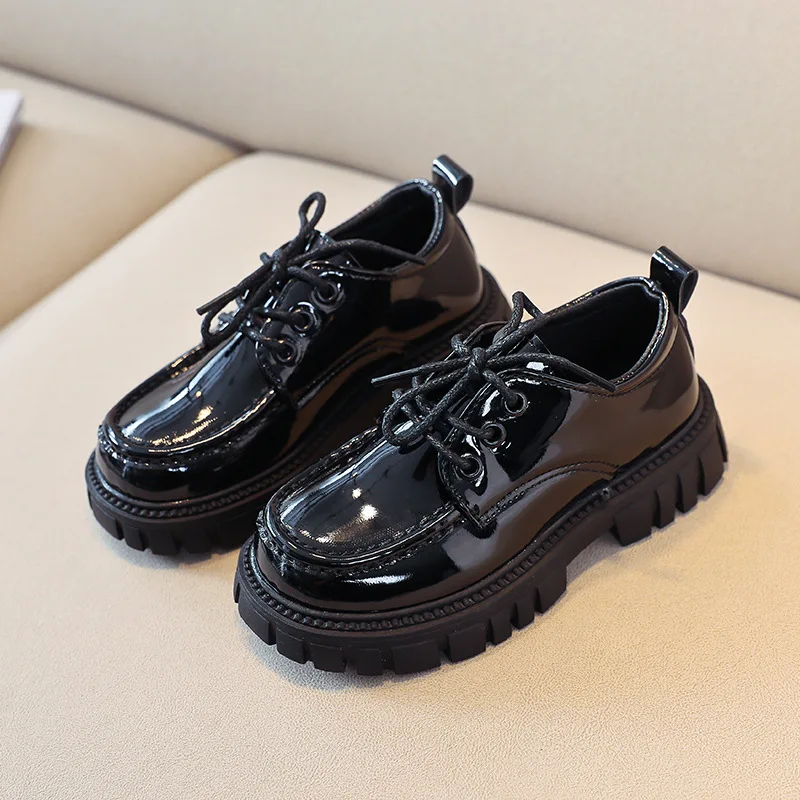 Children Leather Shoes for Boys Girls Thick Sole Lace-up Kids School Leather Shoes for Wedding Party Show British Style Black