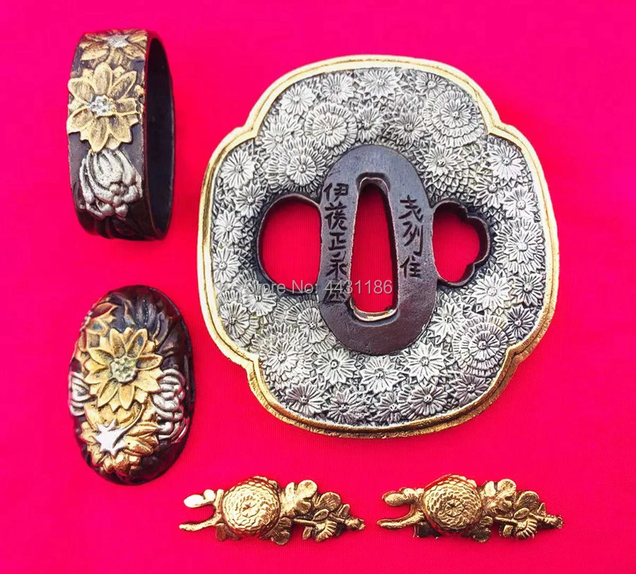 

A Set Chrysanthemum Theme Brass Fittings Japanese katana WAKIZASHI Sword Accessories DIY TSUBA+FUCHI+KASHIRA+MENUKI