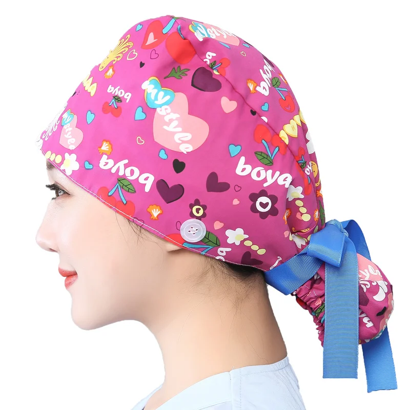 Women Scrub Hats Buttons Bandage Adjustable Working Caps Printed Cotton Head Cover Reuseable Hats Beauty Salon Pet Shop Work Cap