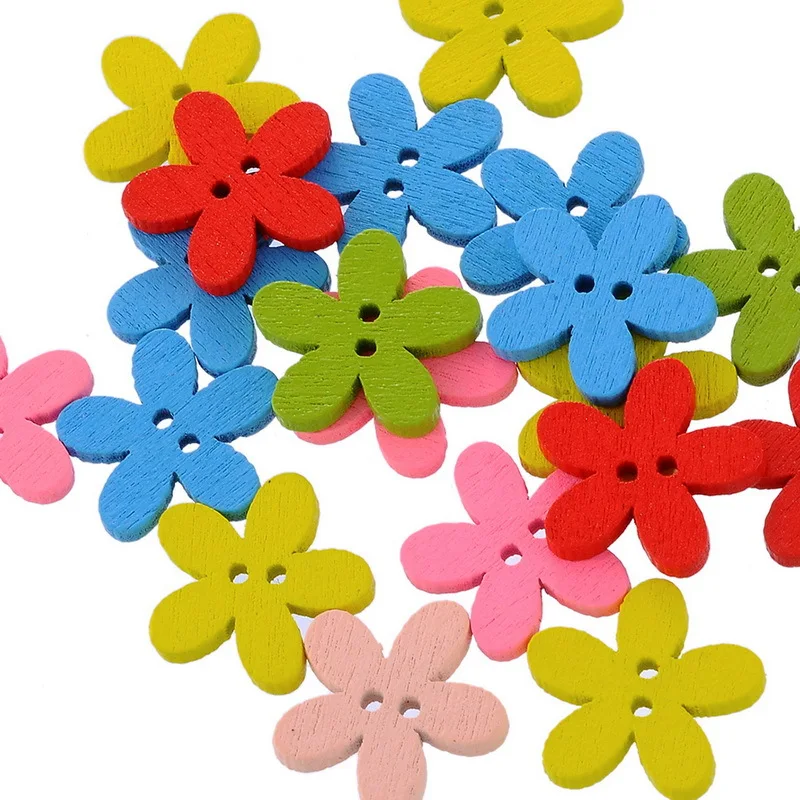 wholesale 20pcs 14-15mm Multicolor Cute Flower Natural Decoration Sewing Tool Scrapbooking Wood Buttons for Garment Supplies