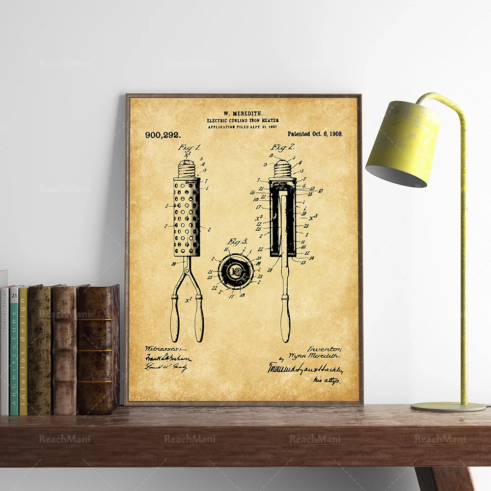 4 pieces of hair stylist patent set, hair curler patent, scissors poster, hair dryer art, lady hair brush, beauty gift