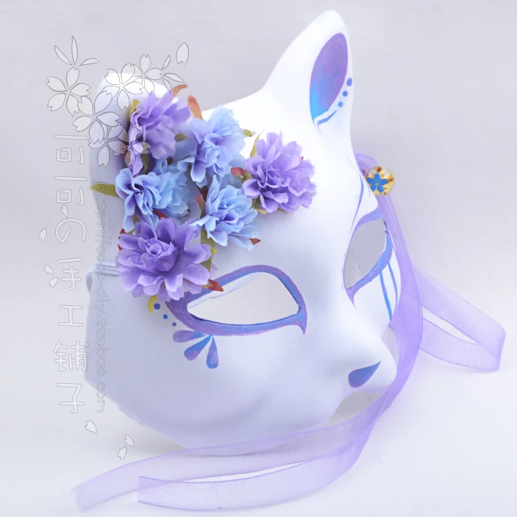 Japanese kimono fox cat mask hand painted anime purple blue gradient silk flower bell cosplay