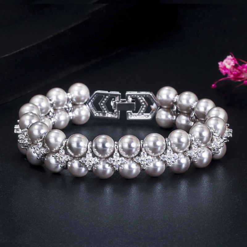 ThreeGraces New Fashion Cubic Zirconia Wide Double Row Simulated Pearl Bracelet for Women Bridal Wedding Banquet Jewelry BR384