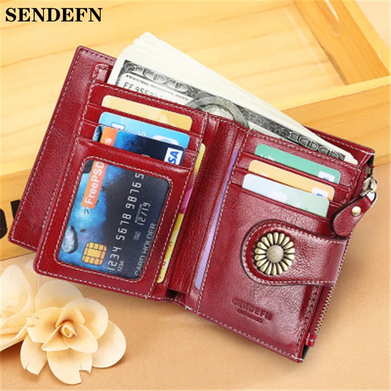 

Sendefn Luxury Brand Wallets Women Short Wallet oil wax leather coin purse Fashion zipper card holde card wallet portfel damski