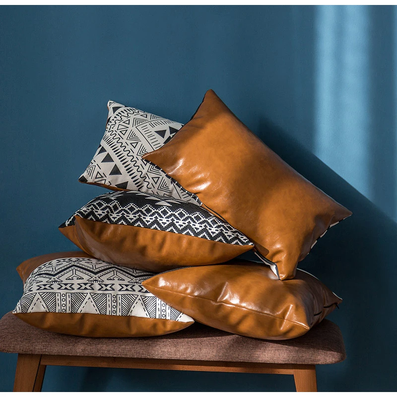 Medicci Home Cognac Leather Cushion Cover High End Itay Import Faux Leather Thick Brown Boho Modern Solid Pillow Case Bed Sofa