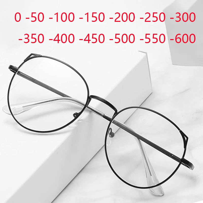 Lunettes de myopie oreilles de chat en métal unisexe, rondes et claires, pour myopie courte, dioptrie-1 -1.5 -2 -2.5 -3 -3.5 à-6