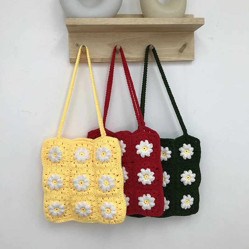 New Hand-woven Women Shoulder Bag Handmade Crochet Knitted Women Handbag Fashion Cotton Weave Ladies Hand Bags Daisy Women\'s Bag