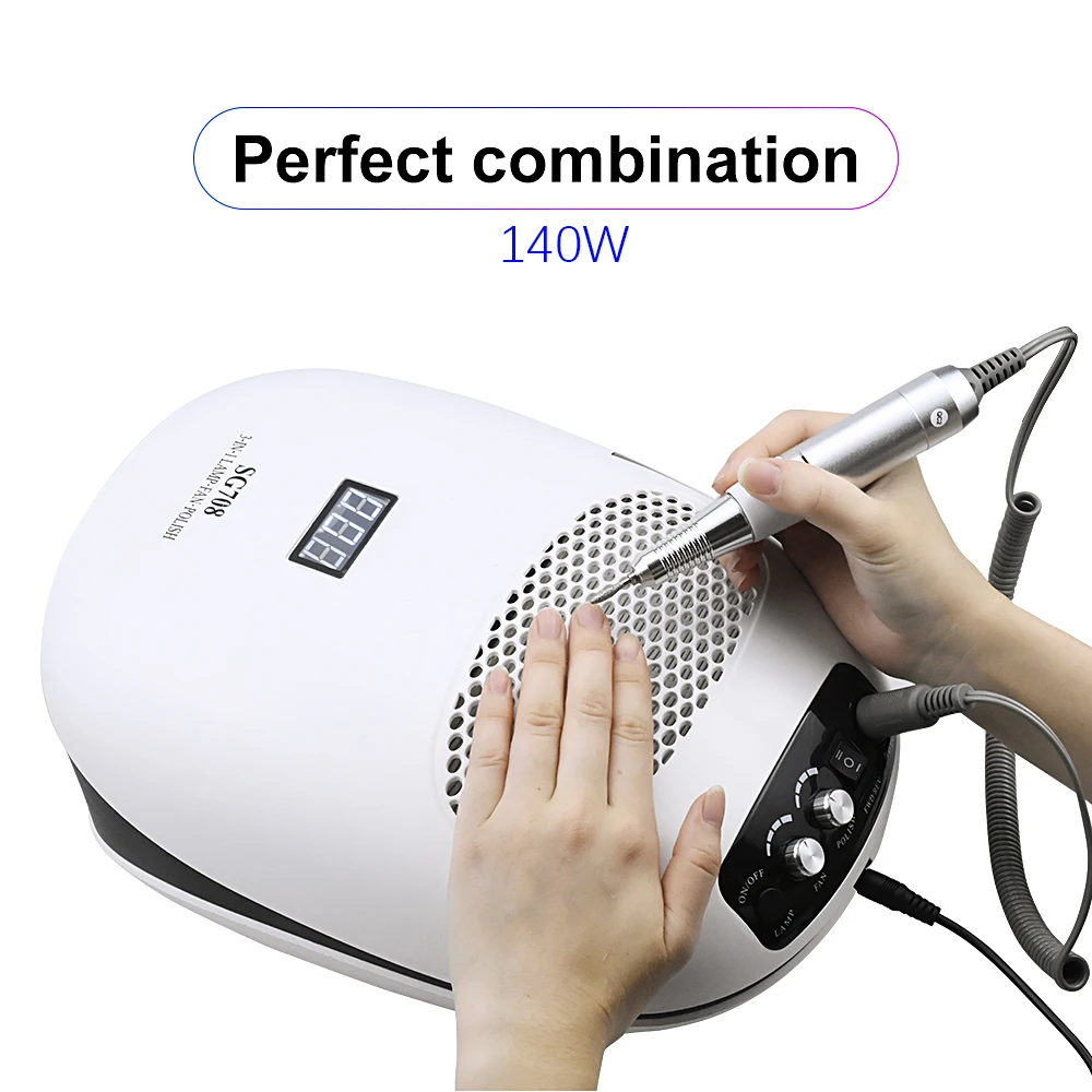 

140W 3-IN-1 Nail Drill Manicure Machine & Nail Dust Vacuum Cleaner & UV Lamp Extractor Fan For Manicure Nail Tool Dust Collector