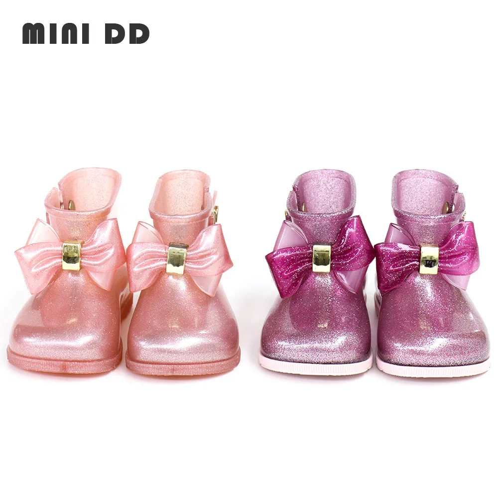 Mini DD 2023 Children Rainboots Gilrs Fashion High Quality Jelly Shoes Sparkle Princess Bow Shoes PVC Non-slip Rain Boot HMI012