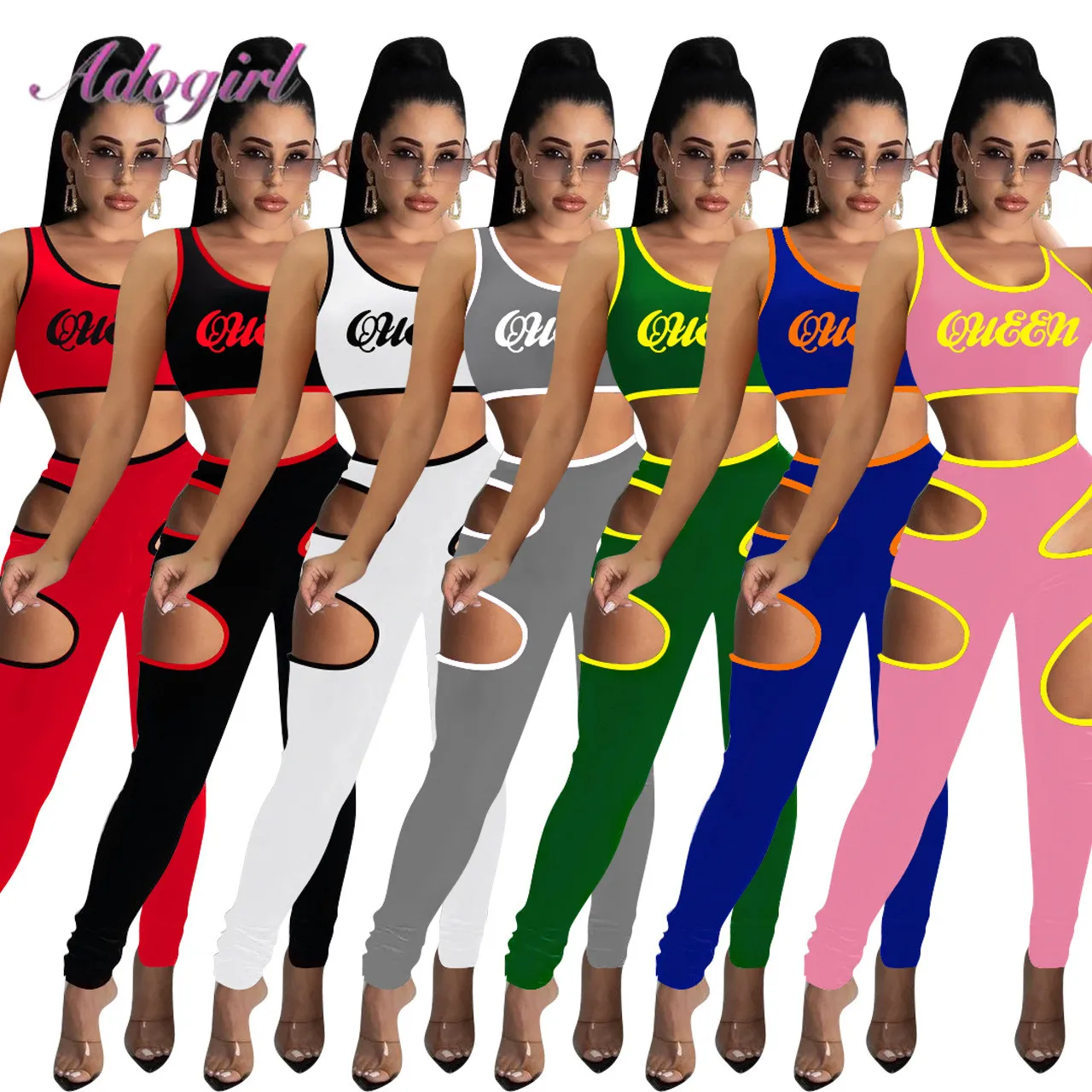 

Women Fitness Summer Activewear Tracksuit Solid Queen Letter Print Tanks Tops Cut Out Leggings Pants Suit Jogger Two Piece Sets