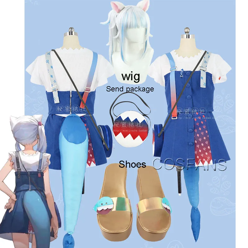 Anime Hololive VTuber Gawr Gura Blue Shark Uniform Cute Daily Dress Full Set tail Cosplay Costume Halloween Women men Wig shoes