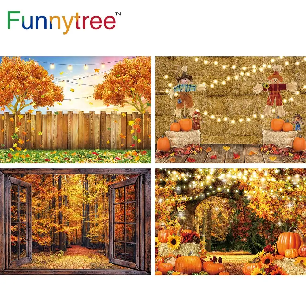 

Funnytree Autumn Pumkin Backdrop Falling Leaves Lights Thanksgiving Family Trees Wood Fence Halloween Photozone Background