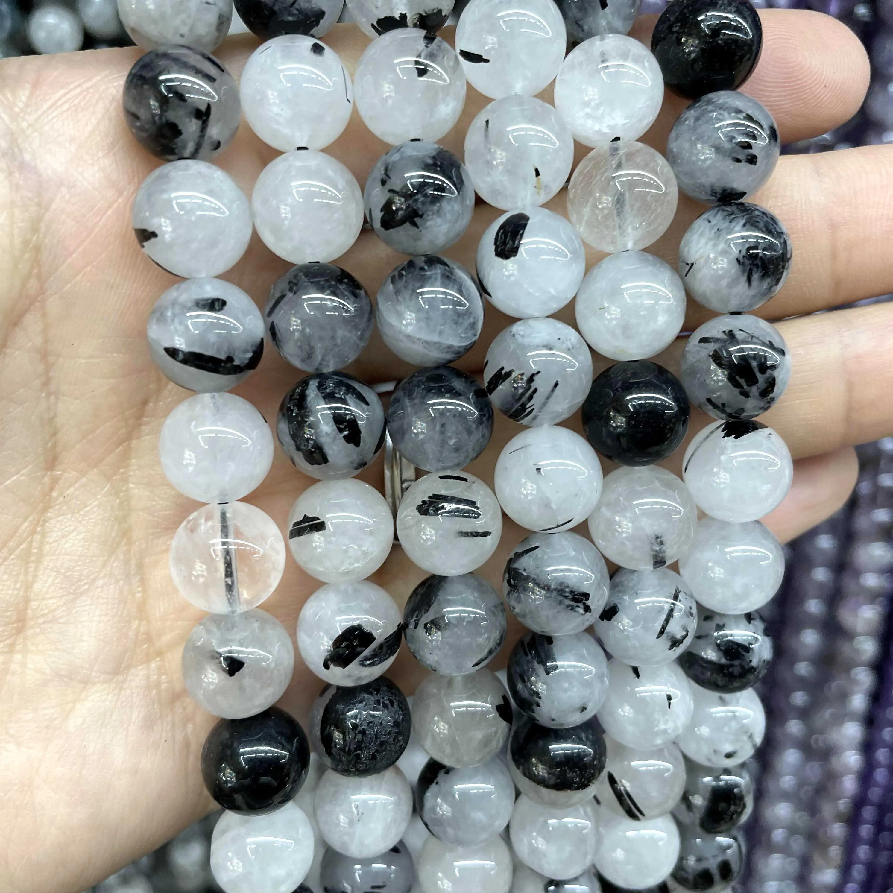 Natural Black Rutilated Quartz Stone Round Loose Spacer Beads For Jewelry Making DIY Handmade Bracelets Necklace 4/6/8/10/12mm