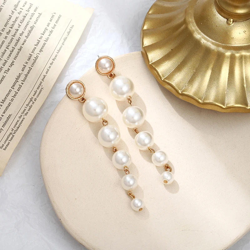 CHUANCI Simulation Pearl Long Earrings Female White Round Pearl Pendant Earrings Body Piercing Jewelry For Party Wedding