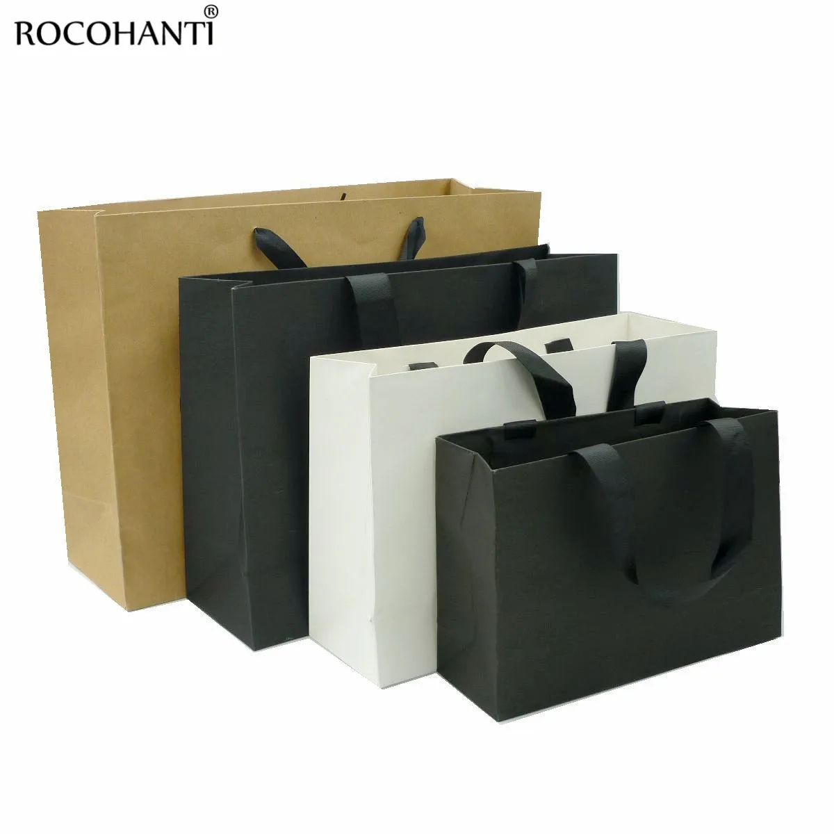 10x Custom Logo Printed Cardboard Matt Black Paper Bag With Black Ribbon Handle for Clothing Shopping Handbag Gift Packaging Box