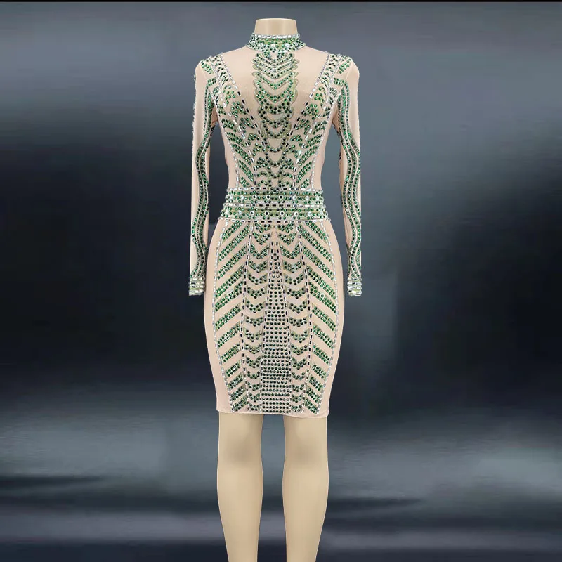 

Sparkly Rhinestones Mesh Perspective Dress Evening Party Birthday Celebrate See Through Transparent Costume Singer Dress