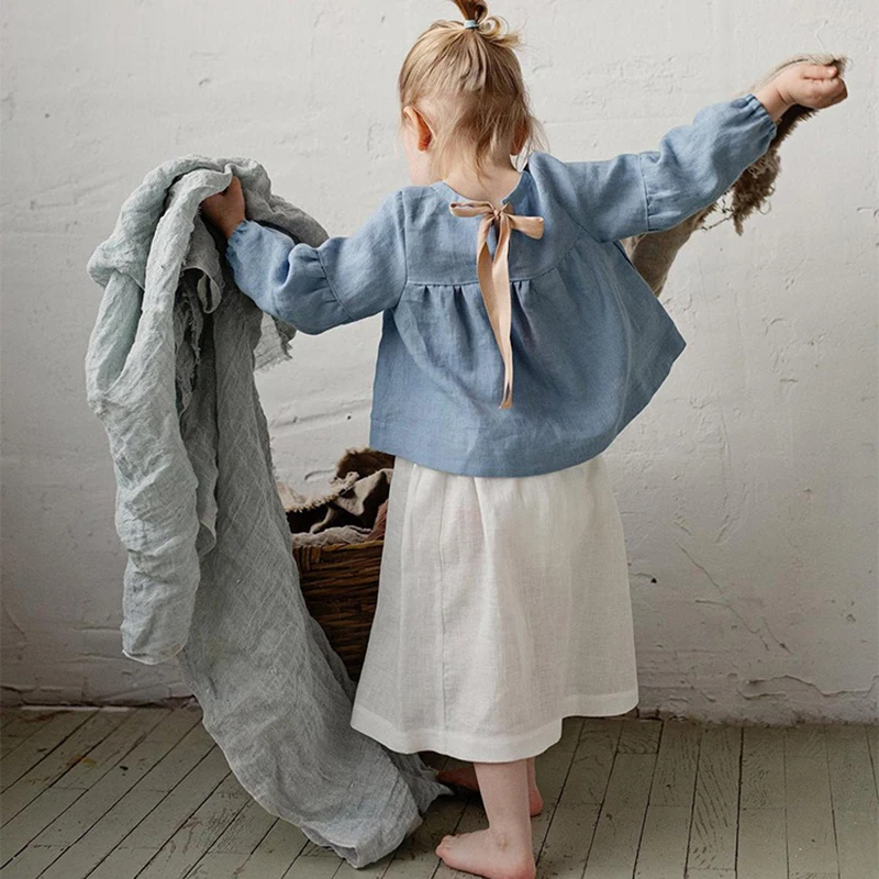 Chic Back Bow Tie Linen Shirt Girls 2024 New Solid Color Casual Loose Baby Kids Long-Sleeved Blouse Autumn Clothes