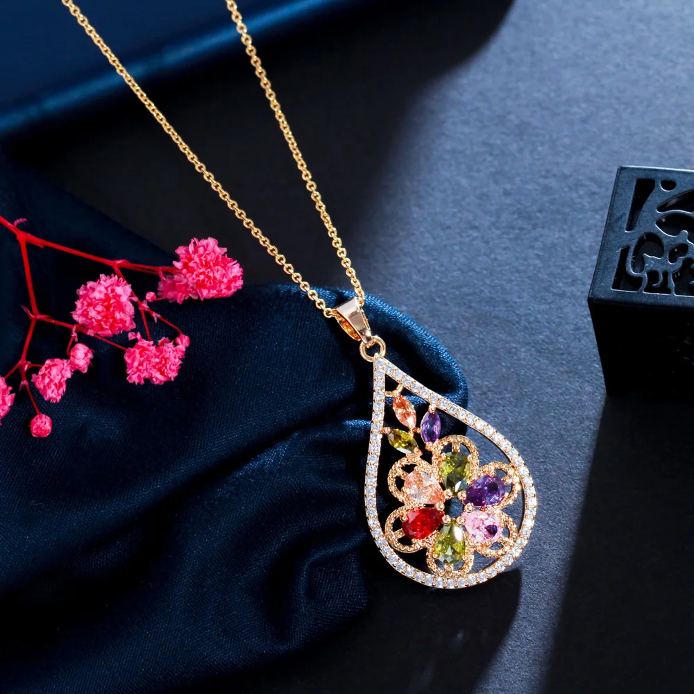 CWWZircons Dangle Drop Indian Yellow Gold Vintage Flower Jewelry Sets Multi Color Cubic Zirconia Earrings and Necklace Set T228