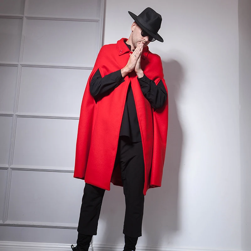 Big red mid-length shawl cape cape European and American male nightclub hip-hop bar host DS woolen coat