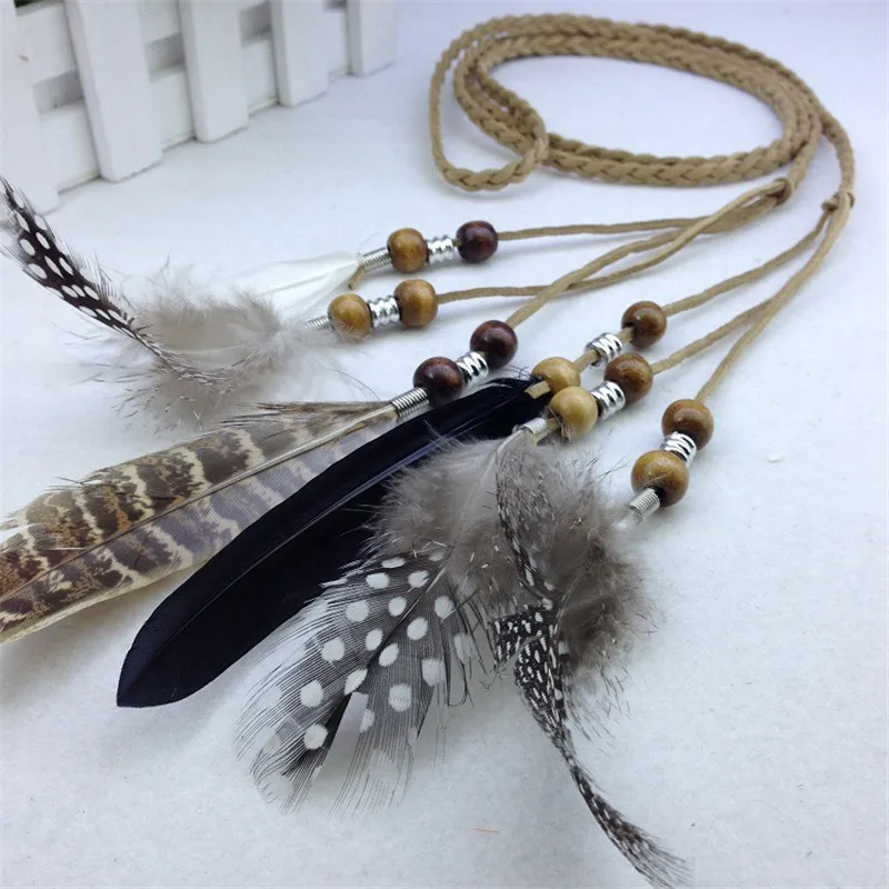 The  Indian Feather Headband Headdress Hair Rope Headwear Tribal Hippie Handmade Hair Accessories for Women 38