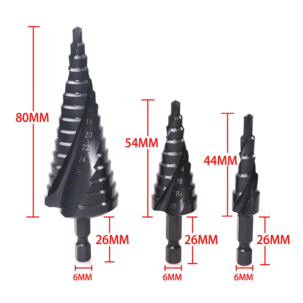 4-12/20/32mm HSS Step Cone Drill Bits Hex Shank Nitride Coated for Wood/Metal Hole Cutter Drill Spiral Groove Step Drill Bits