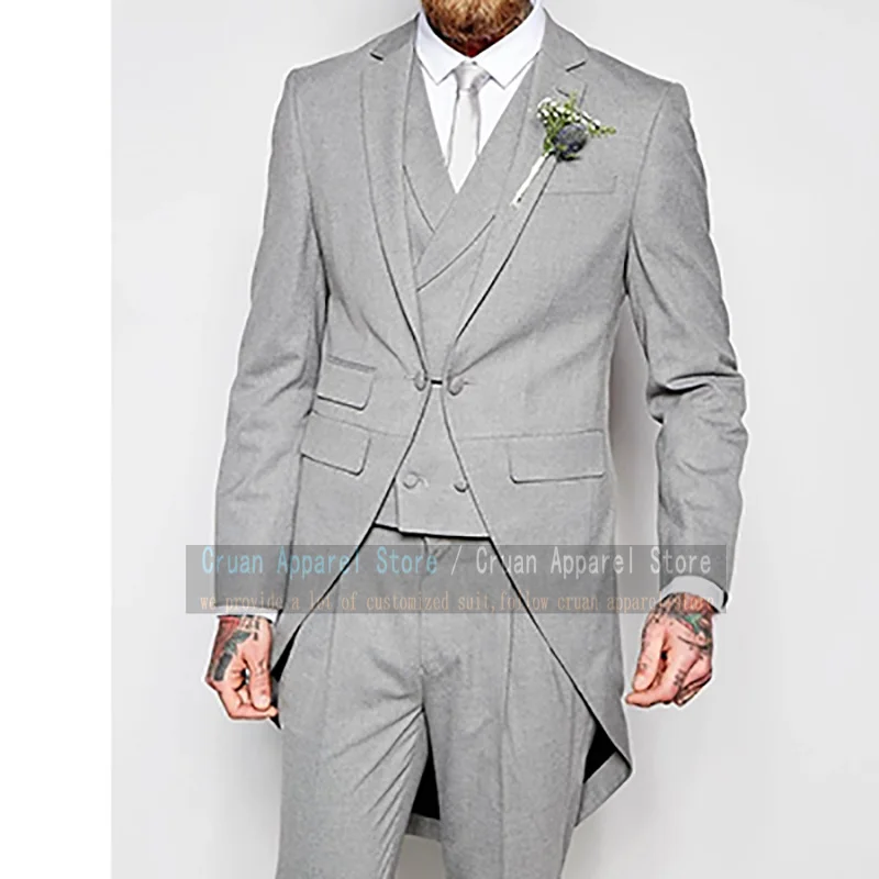 

Newest Fashion Light Grey Morning Suits for Wedding Slim Fit Best Man Groom Dress Tuxedo Blazer Vest Pants 3 Pieces Set Tailcoat