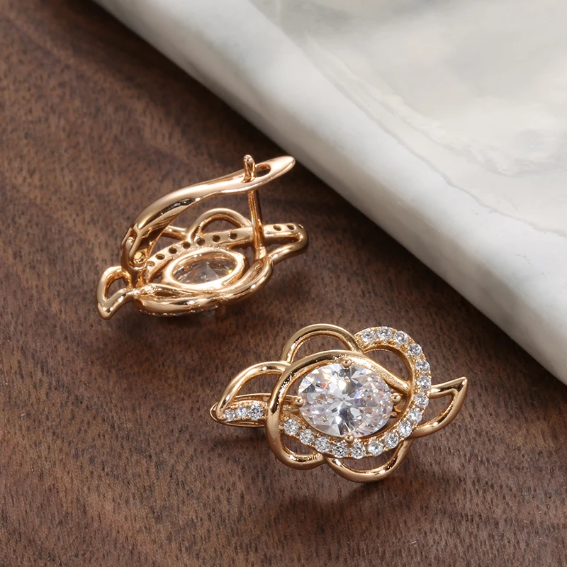 SYOUJYO Exquisite Crystal Flower Earrings for Women Big Natural Zircon 585 Rose Gold Color Luxury Bride Wedding Jewelry