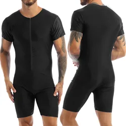 Mens Soft Bodysuit Swimwear Short Sleeve Zipper Boxer Jumpsuit Swimsuit Rash Guard Wetsuit Beach Pool Party Surfing Bathing Suit