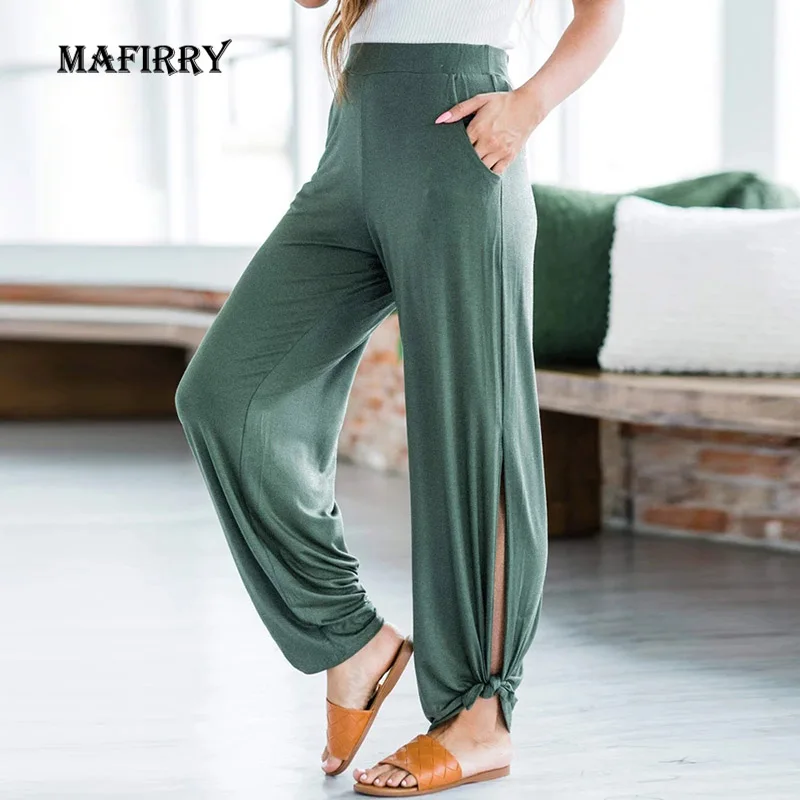 

2021 Women Casual Knitting Slit Loose Pants Solid Spring Autumn Elastic Waist Wide Leg Pants Fashion Elegant Streetwear Trousers