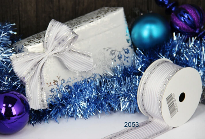 38MM 25yards Wired Edge Silver Dots Edge Striped White Ribbon t for Festival Christmas Decoration New Year Gift Wrapping