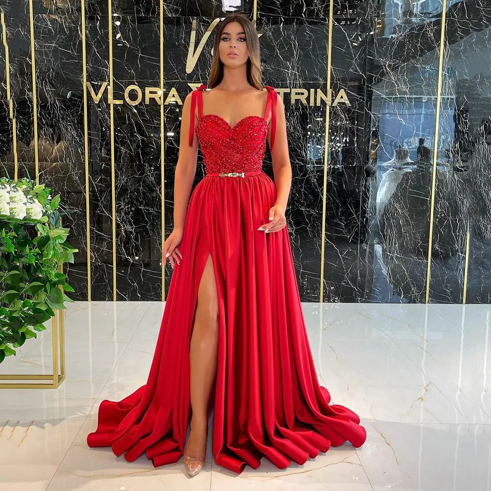 BridalAffair Gorgeous A-Line Red Satin Prom Dress Sexy High Slit Beading Evening Gown Sweetheart Adjustable Straps Party Dresses