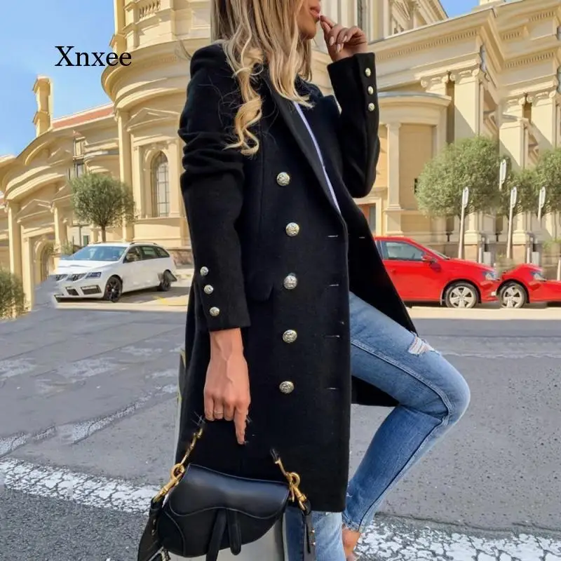 

2021 Fall/winter Large Size Blended Jacket Women's Fashion Long Wind Lapel Double Breasted Retro Elegant Ladies Jacket Outside