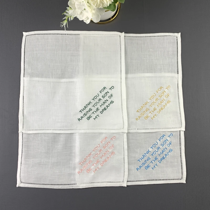 Conjunto de 12 moda lenço de casamento personalizado 10x10-inch linho hemstitch hankie para qualquer cerimônia de casamento ou evento especial