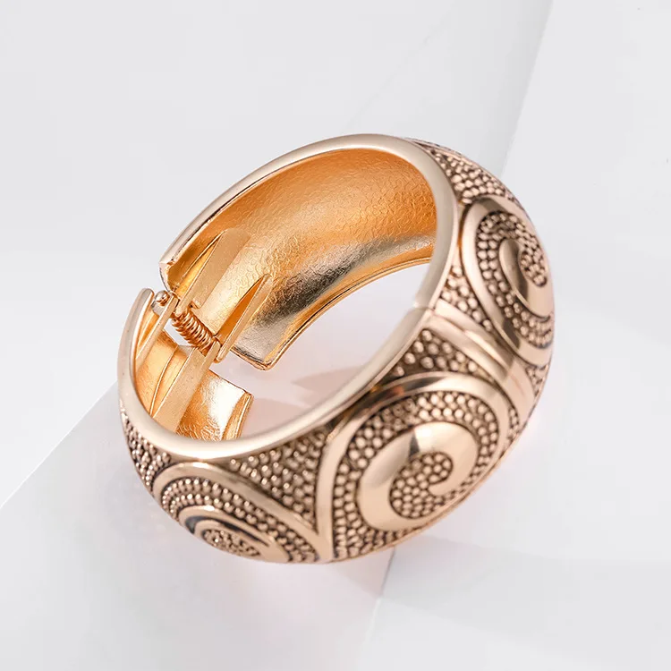 Ethnic Totem Metal Carved Wide Bangles Tibetan Gold Color Vintage Retro Tribal Bracelet Bangle Cuff For Women