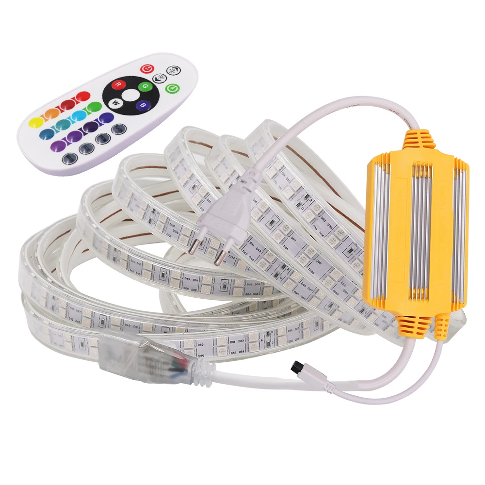 Imagem -04 - Fita de Led Colorida com Controle Remoto 5050 v 24 Teclas à Prova Dágua Kit Europeu Flexível Decoração para Casa 220 Led m