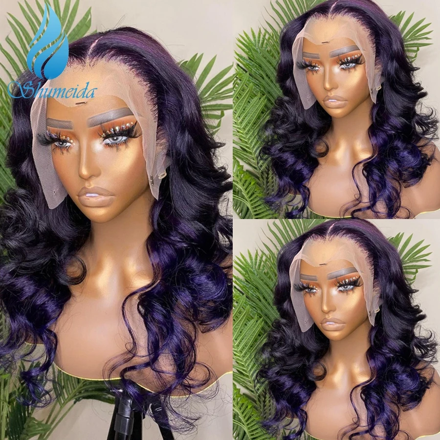 Shumeida Ombre Warna Ungu 13*4 Wig Renda Depan Pra Dipetik Garis Rambut Rambut Orang Peru Remy Rambut Manusia Wig Tanpa Lem untuk Rambut Bayi Wanita